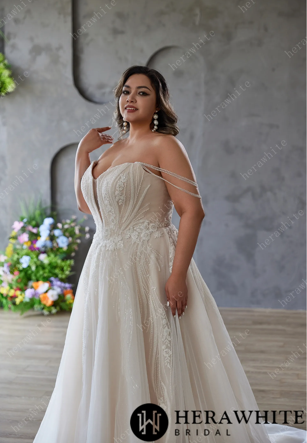 Plus-size Dream: Off-shoulder Tulle Gown with Bead Embroidery