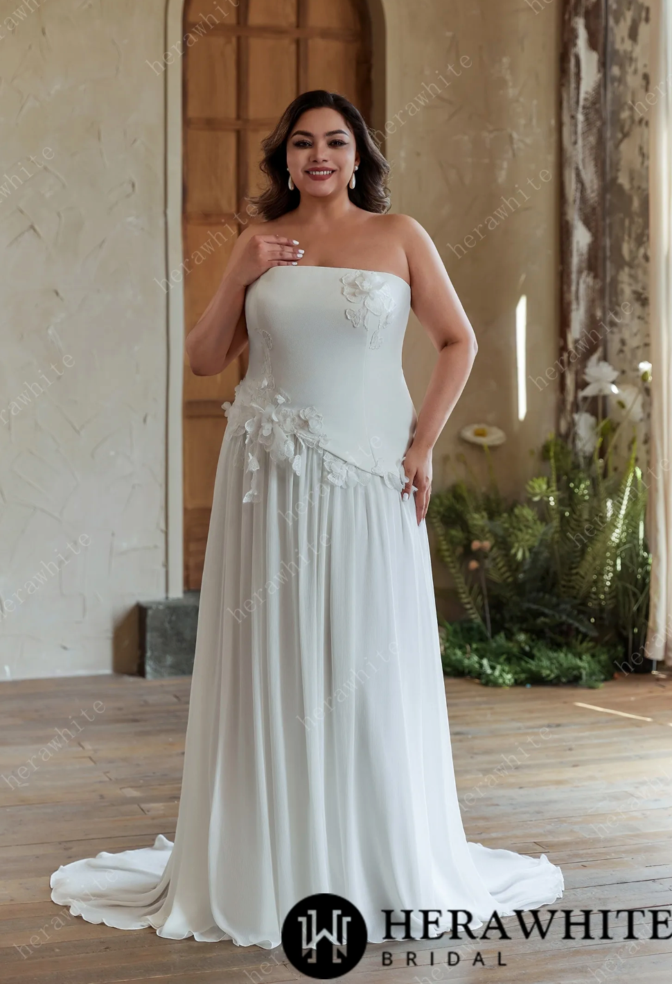 Strapless Chiffon Wedding Dress with 3D Floral Accents for Plus Sizes