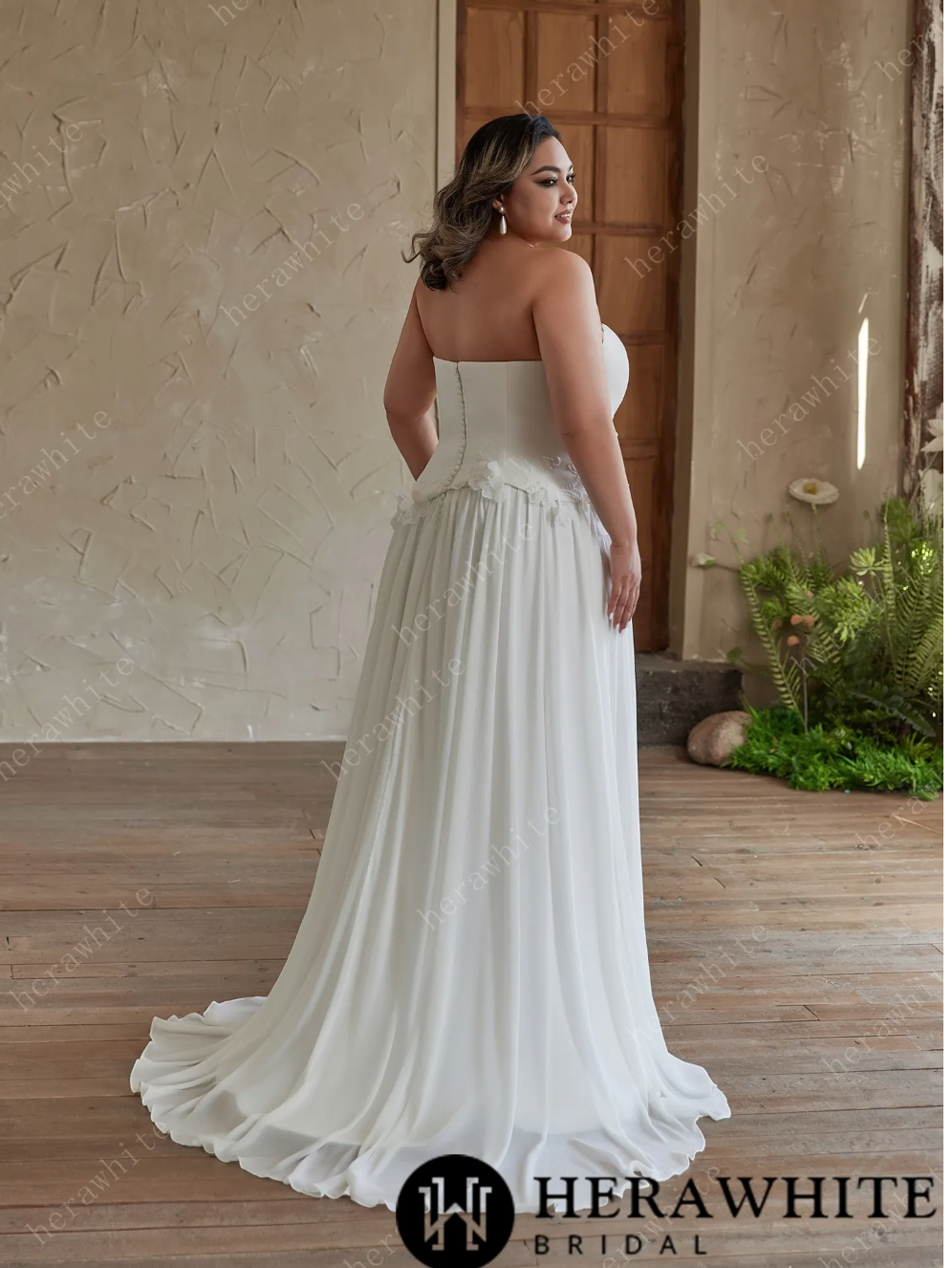 Strapless Chiffon Wedding Dress with 3D Floral Accents for Plus Sizes