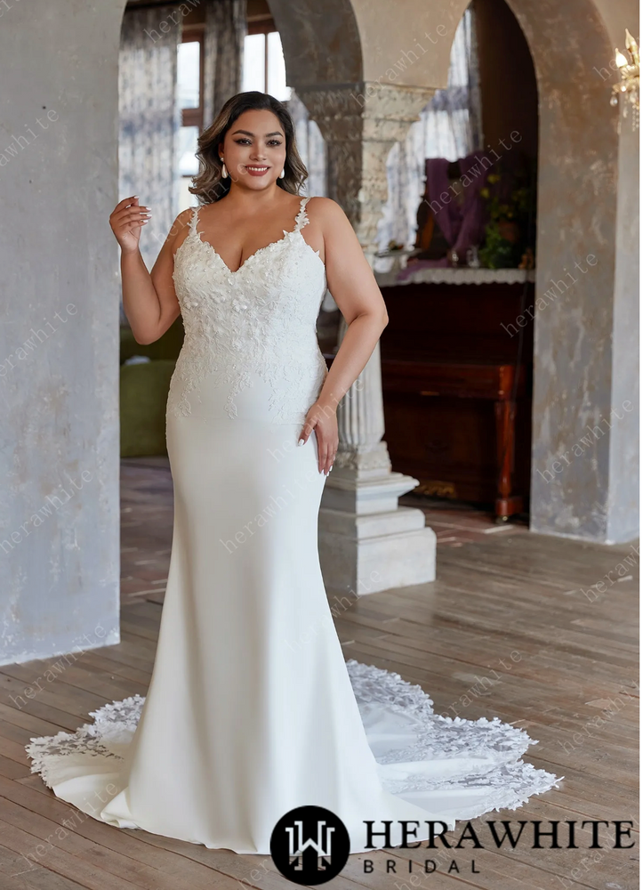 V-Neck Straps Grace Wedding Dress Featuring Appliques Tulle