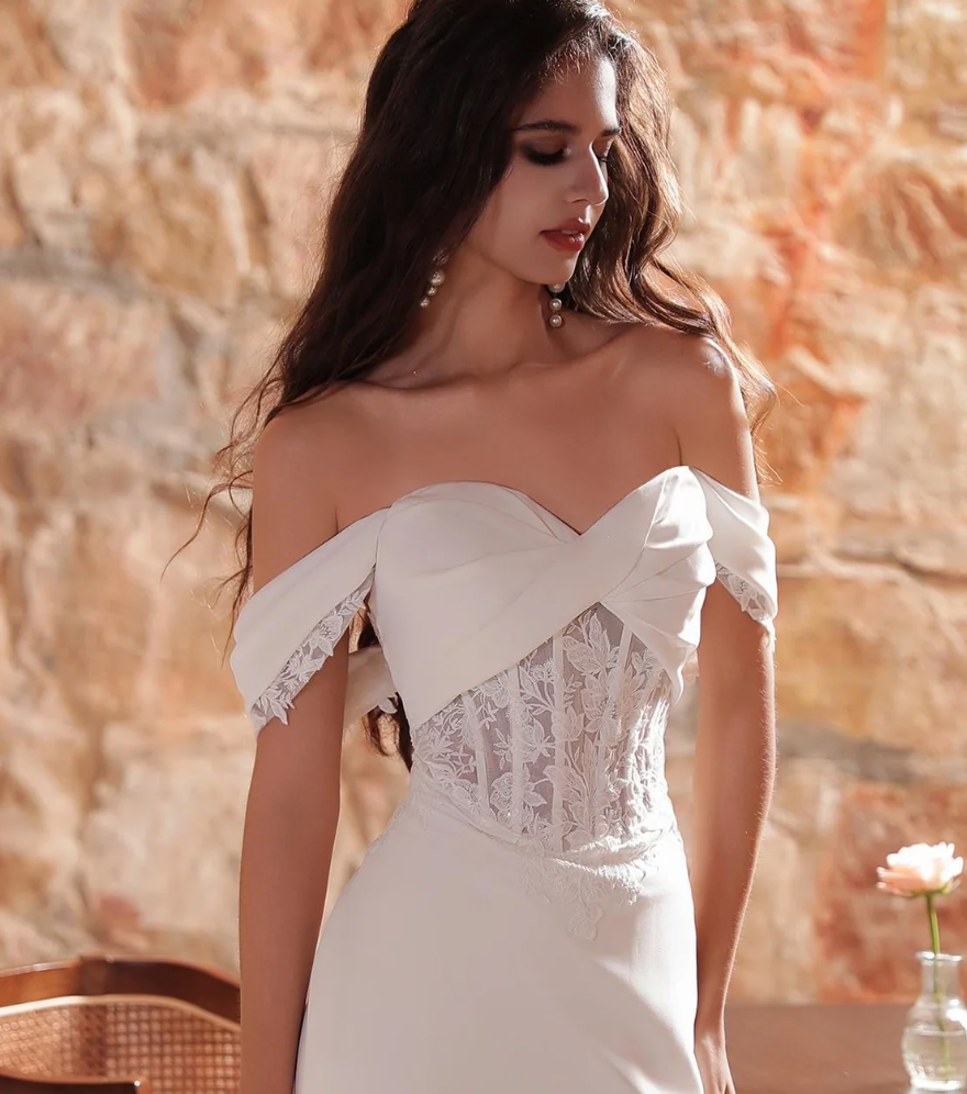 
                      
                        Crepe Wedding Dress with Illusion Style Train
                      
                    