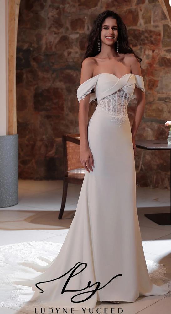 
                      
                        Crepe Wedding Dress with Illusion Style Train
                      
                    