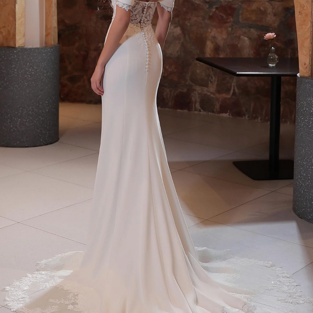 
                      
                        Crepe Wedding Dress with Illusion Style Train
                      
                    