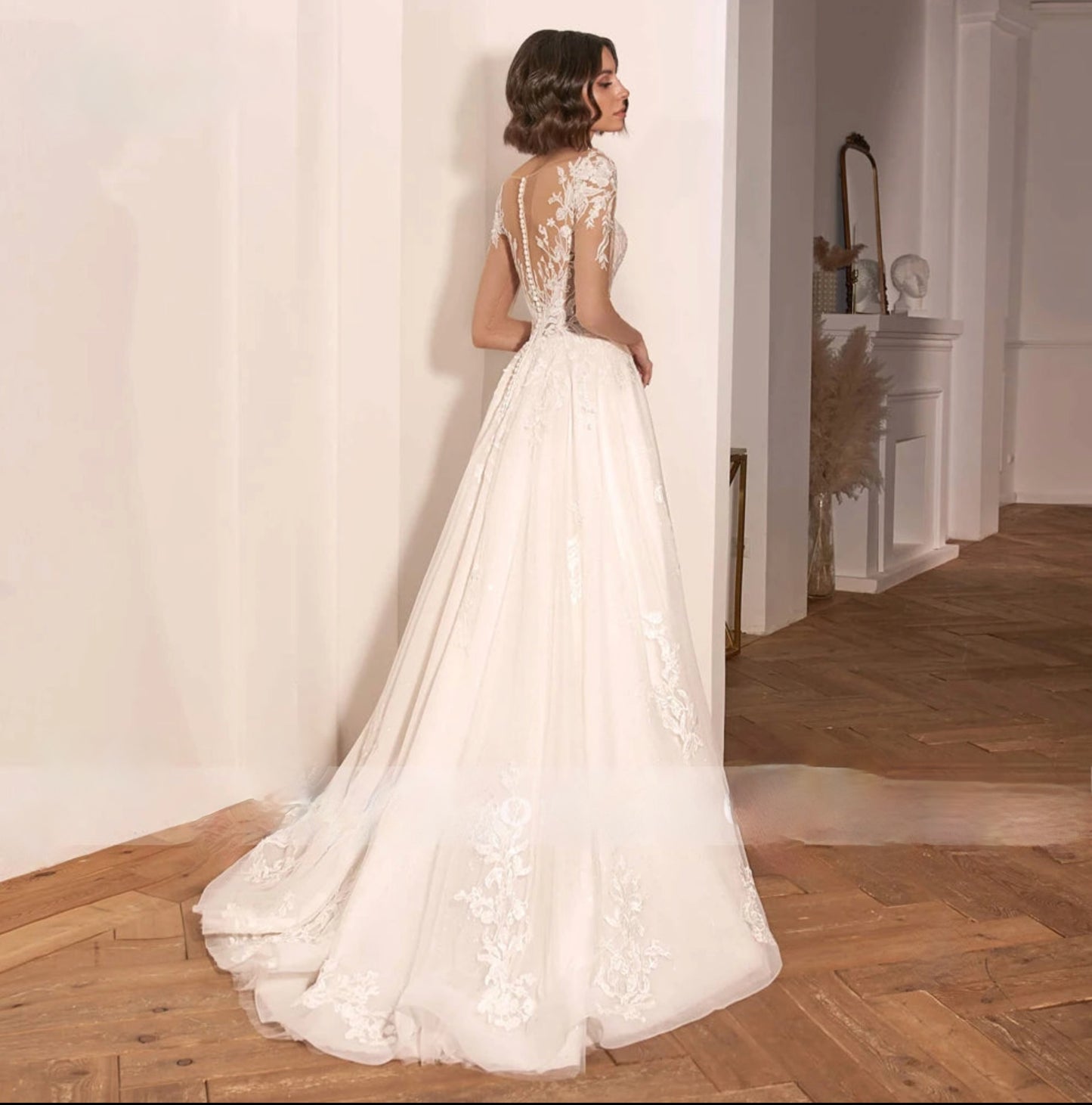 Illusion Long Sleeve Vintage Wedding Dress Luxury A Line Bridal Gown