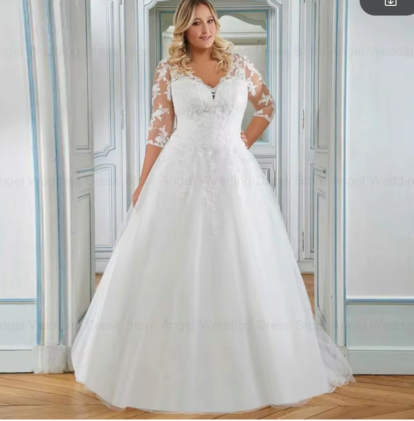 Elegant Plus Size Wedding Dress Lace 3/4 Sleeve A Line  Bridal Gown