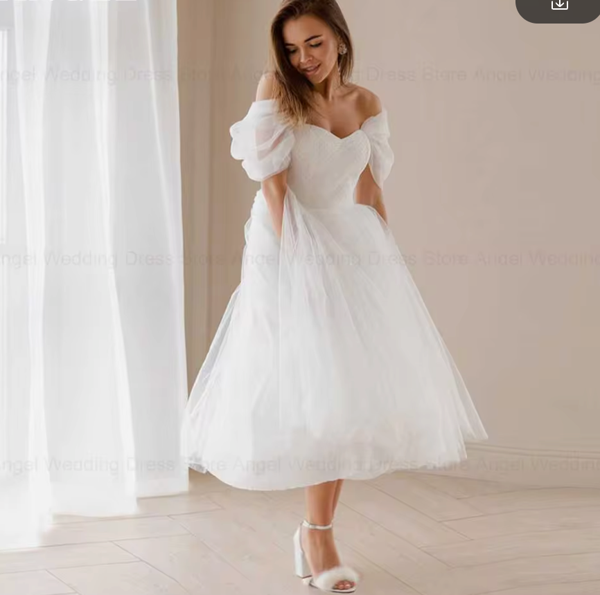 Short Tulle Princess Wedding Dress Tea Length Off Shoulder Lace Up Back Bridal Gown