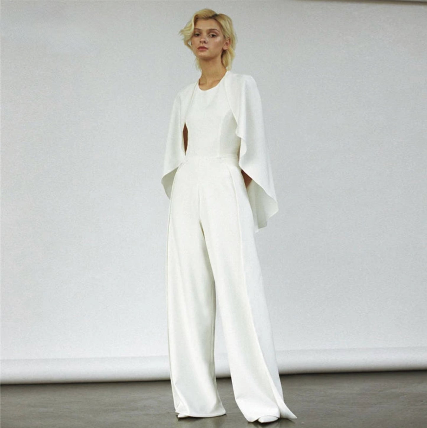 Simple Bridal Wedding Jumpsuit with Cape Reception Pantsuit