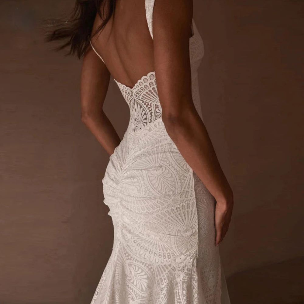 
                      
                        Backless Boho Wedding Dress Mermaid Lace V Neck Rustic Garden Bridal Gown
                      
                    