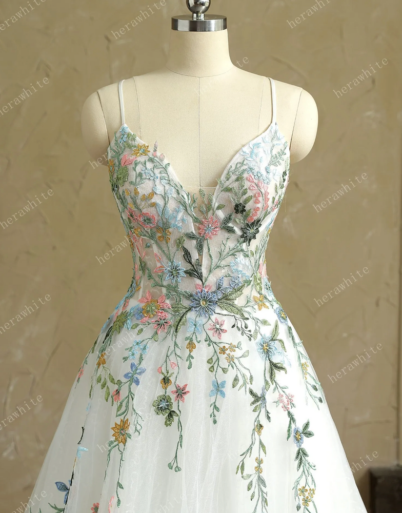 
                      
                        Mystery V-Neck Ivory Spaghetti Straps with Colorful Lace Wedding Dress
                      
                    