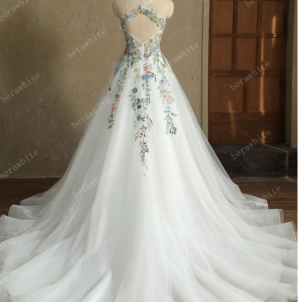 Mystery V-Neck Ivory Spaghetti Straps with Colorful Lace Wedding Dress
