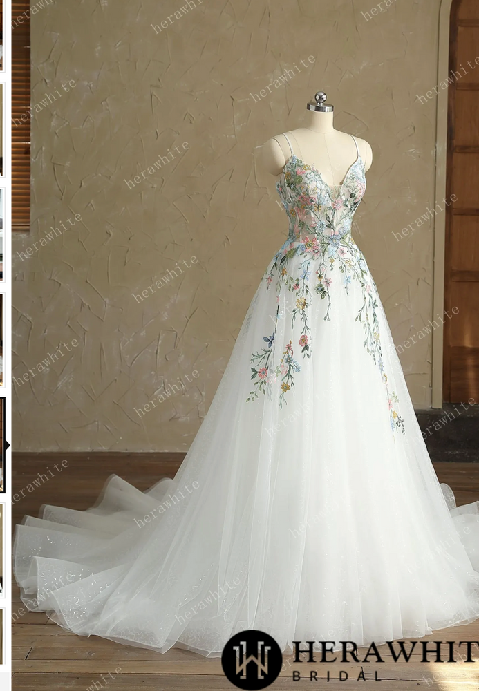 
                      
                        Mystery V-Neck Ivory Spaghetti Straps with Colorful Lace Wedding Dress
                      
                    