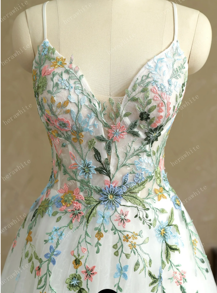 
                      
                        Mystery V-Neck Ivory Spaghetti Straps with Colorful Lace Wedding Dress
                      
                    