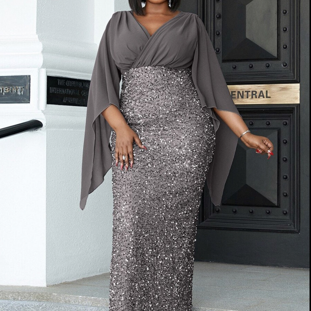 
                      
                        Plus Size Evening Dress Elegant Flare Sleeve Sequin Slit Bodycon Party Gown
                      
                    