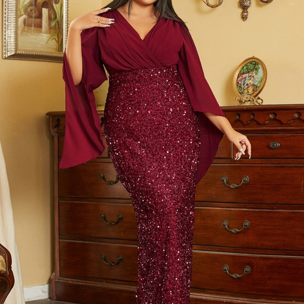 
                      
                        Plus Size Evening Dress Elegant Flare Sleeve Sequin Slit Bodycon Party Gown
                      
                    