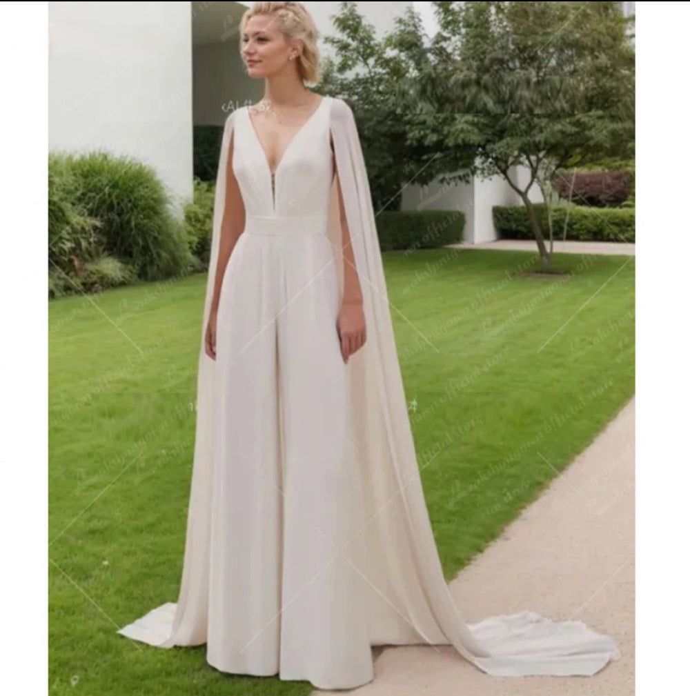 Wedding  Jumpsuit with Cape V Neck