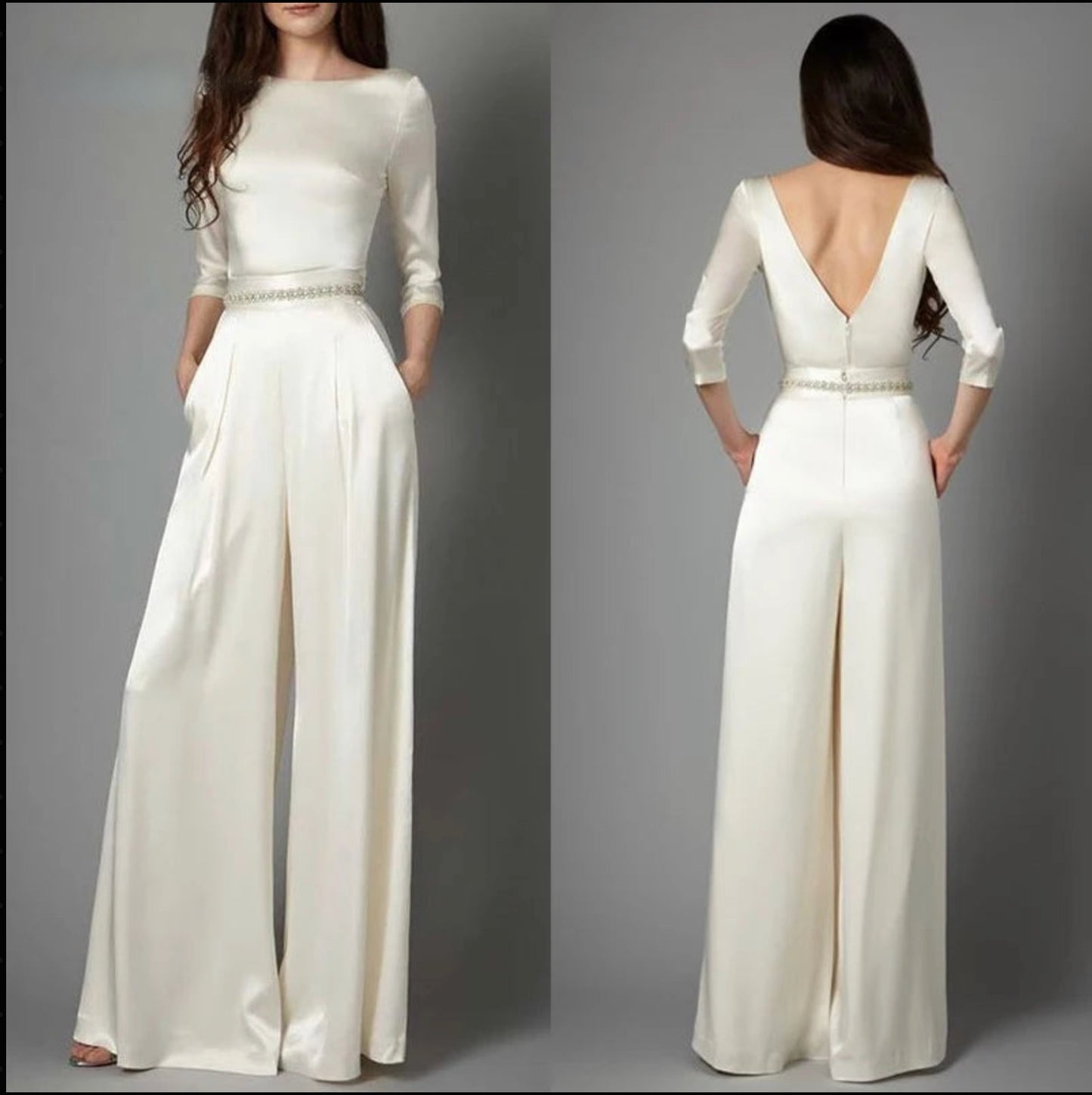 Simple O-Neck White Jumpsuit Wedding Pants Stretch Bridal Suit