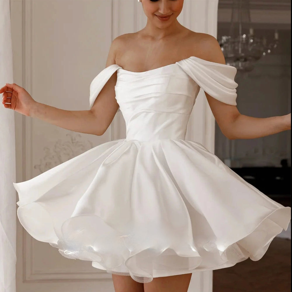 
                      
                        Simple Off Shoulder A-Line Short Stain Wedding Dress
                      
                    