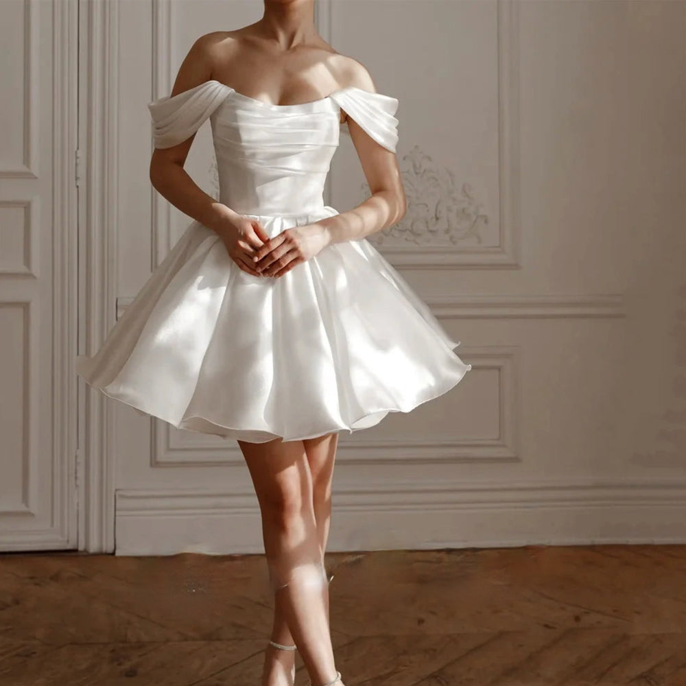 
                      
                        Simple Off Shoulder A-Line Short Stain Wedding Dress
                      
                    
