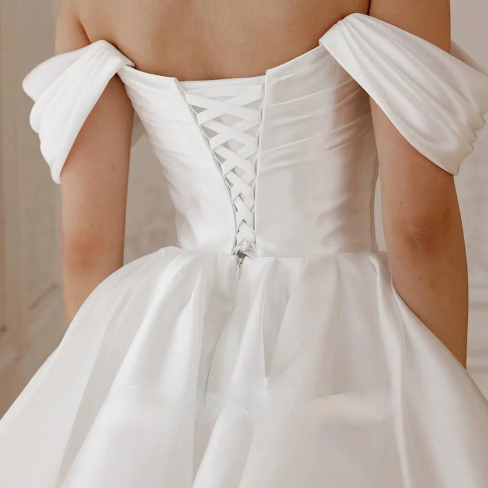 
                      
                        Simple Off Shoulder A-Line Short Stain Wedding Dress
                      
                    