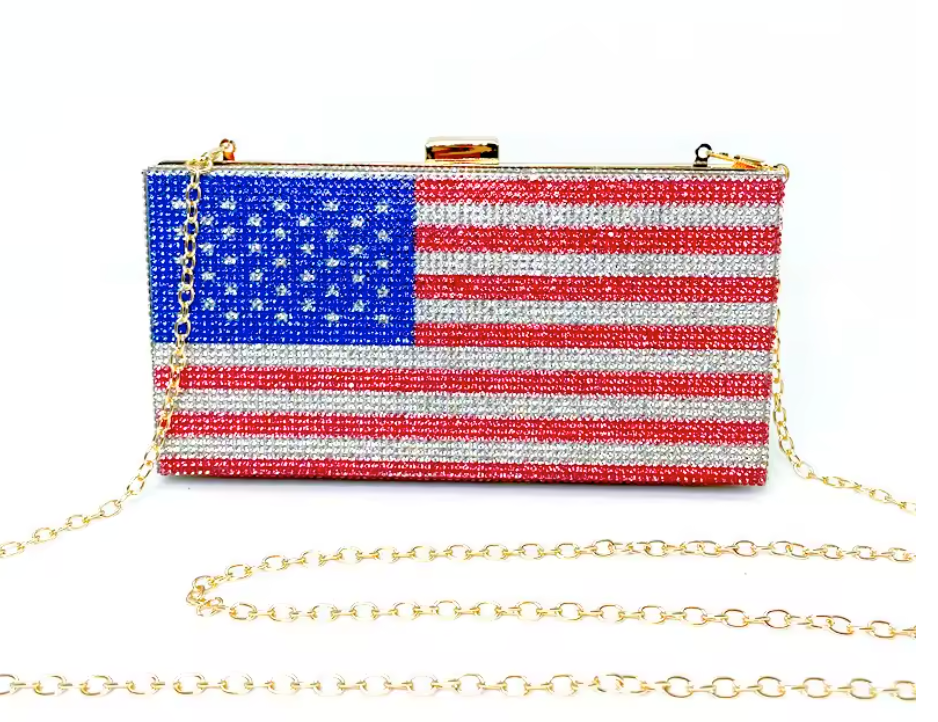 Bolso de noche tipo clutch con cristales y bandera nacional estadounidense de estilo boutique 