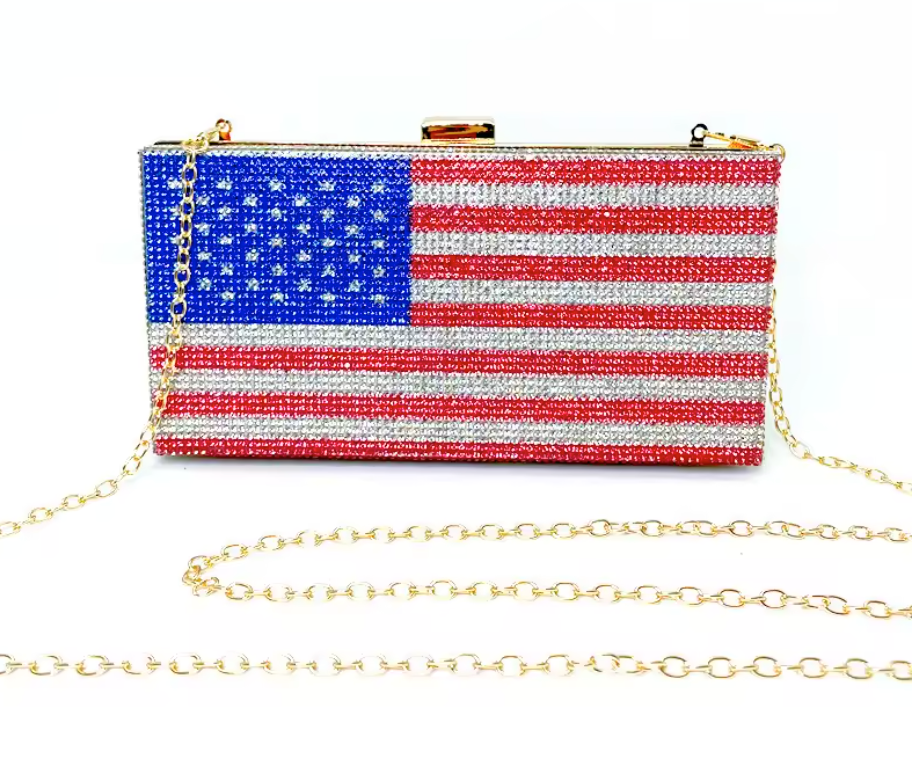 
                      
                        Bolso de noche tipo clutch con cristales y bandera nacional estadounidense de estilo boutique 
                      
                    