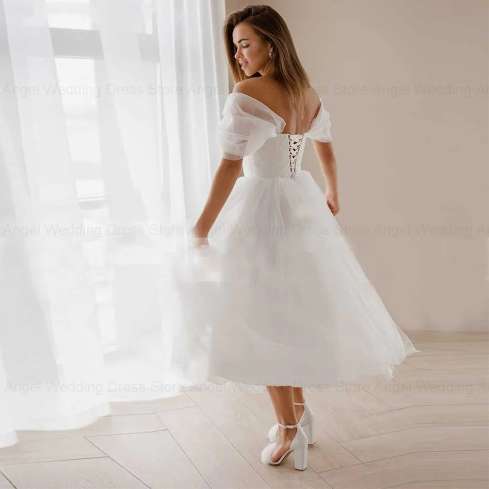 Short Tulle Princess Wedding Dress Tea Length Off Shoulder Lace Up Back Bridal Gown