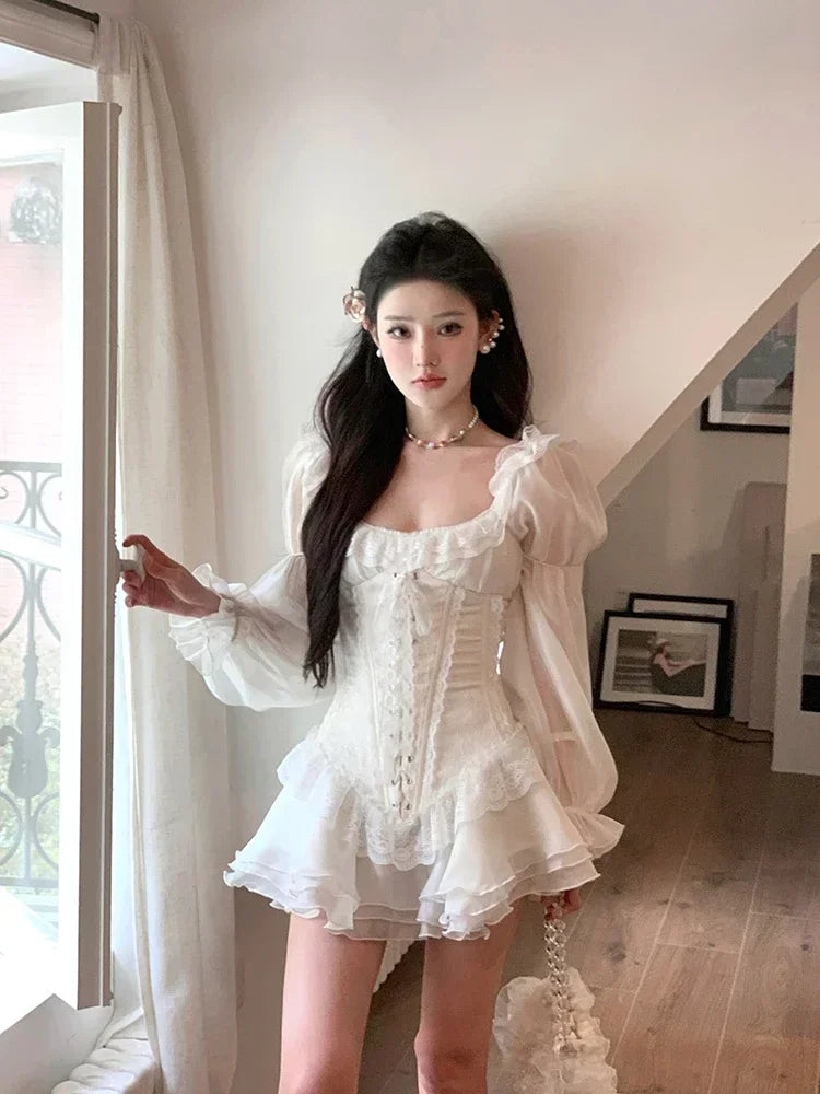 
                      
                        White Elegant Lace Puffed Sleeve Dress
                      
                    