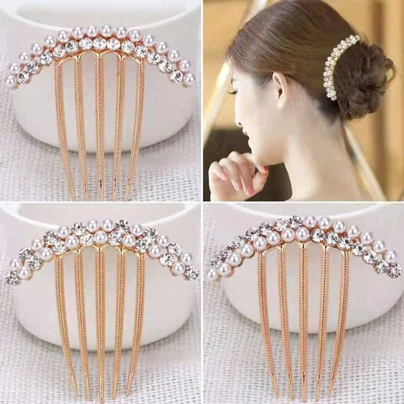 5 Teeth Hair Side Combs Pearl Crystal Wedding Bridal  Hair Comb Accessory