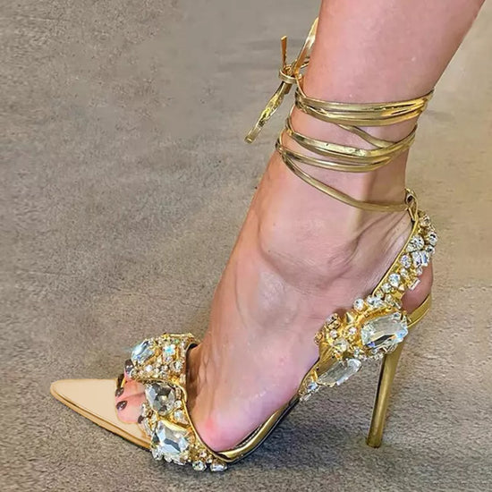 Ankle Strap Golden Sandals Party Nightclub Heels Crystal Pointed Toe Shoe