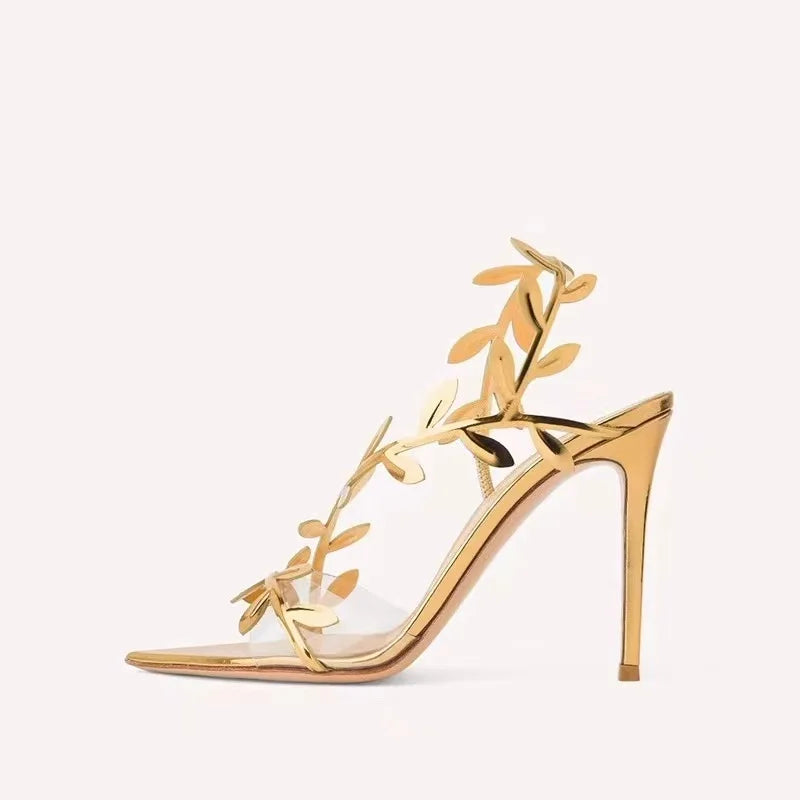 
                      
                        Leather Gold Leaf Women Sandals  Pointed toe Thin High Heels Gladiator Party Shoes
                      
                    