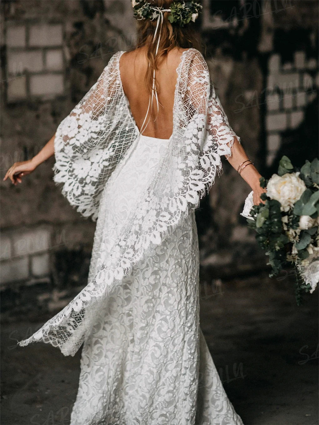 Bohemian Flare Sleeve Side Slit V Neck Lace Wedding Dress