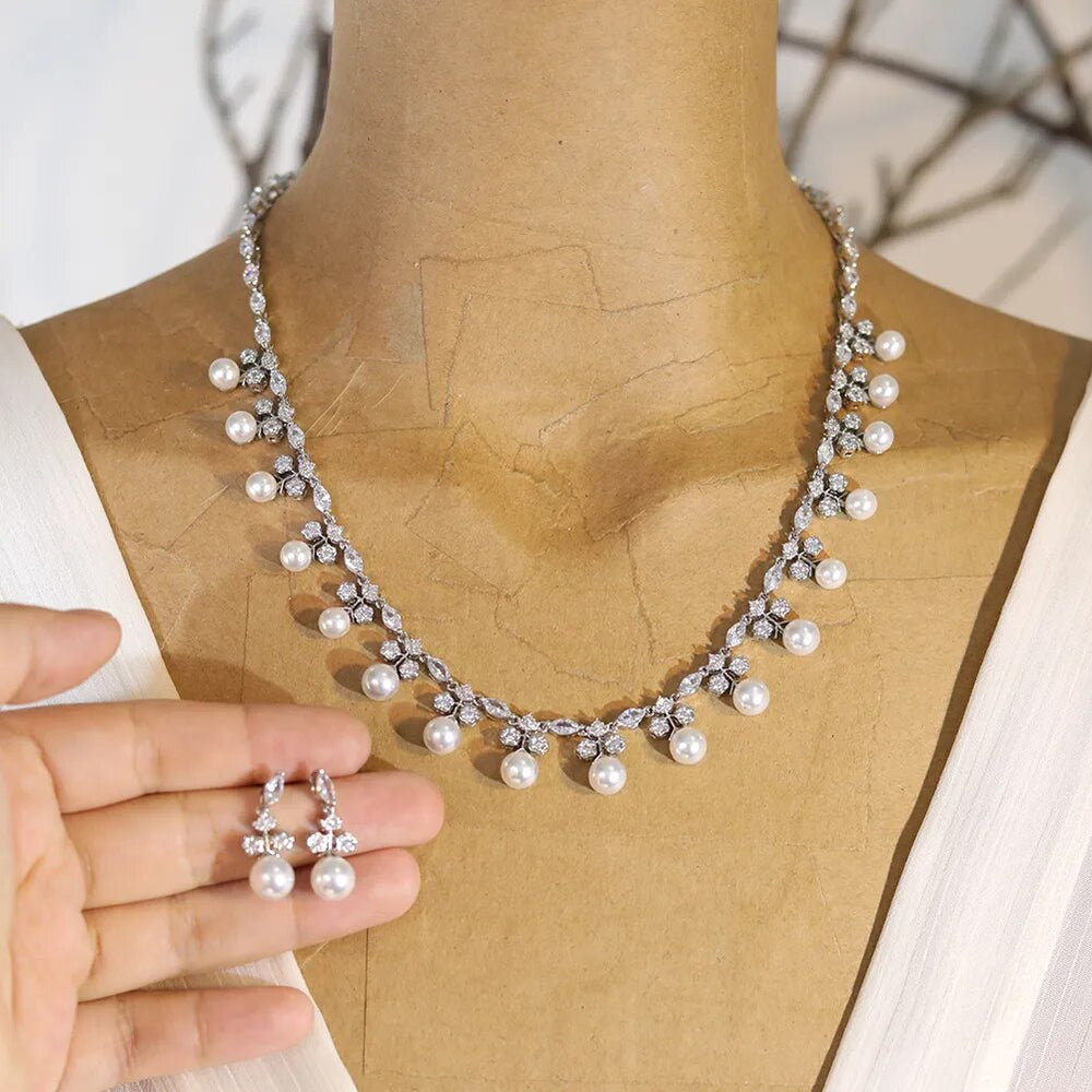 
                      
                        Gorgeous Cubic Zirconia Pearl Choker Necklace Earring Jewelry Set for Women
                      
                    