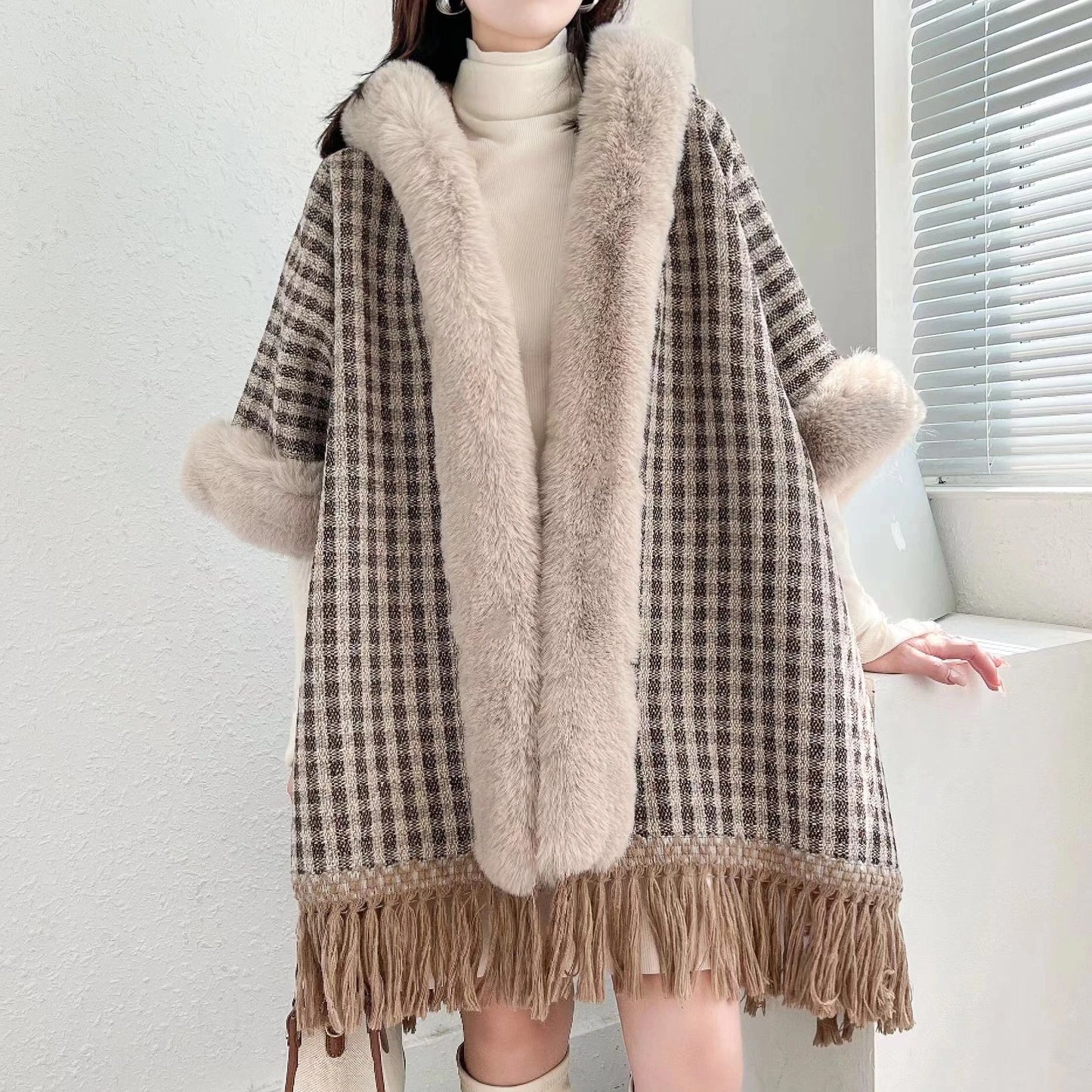 Winter Women Plaid Faux Rabbit Fur Loose Poncho Tassel Cape Cloak