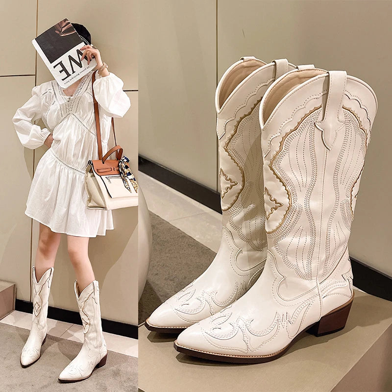 Women's Boots Retro White Knee High Boots Western Cowboy Boot