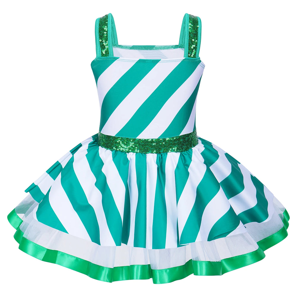 Girls Ballerina Costumes Sequins Striped Baton Twirling Leotard Dress