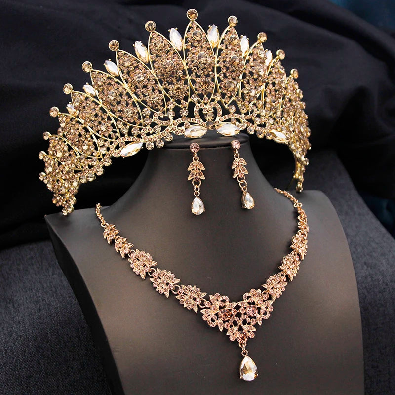 Royal Queen Champagne Tiara Crown Bridal Jewelry Sets for Women Jewelry Accessories