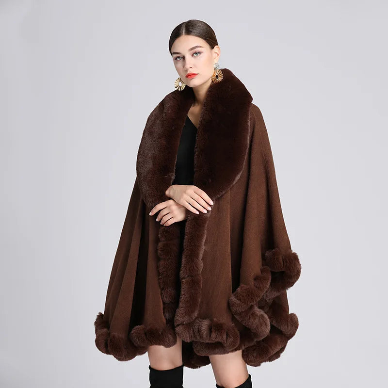 Elegant Imitation Rabbit Fur Cape Women Poncho Shawl Cloak