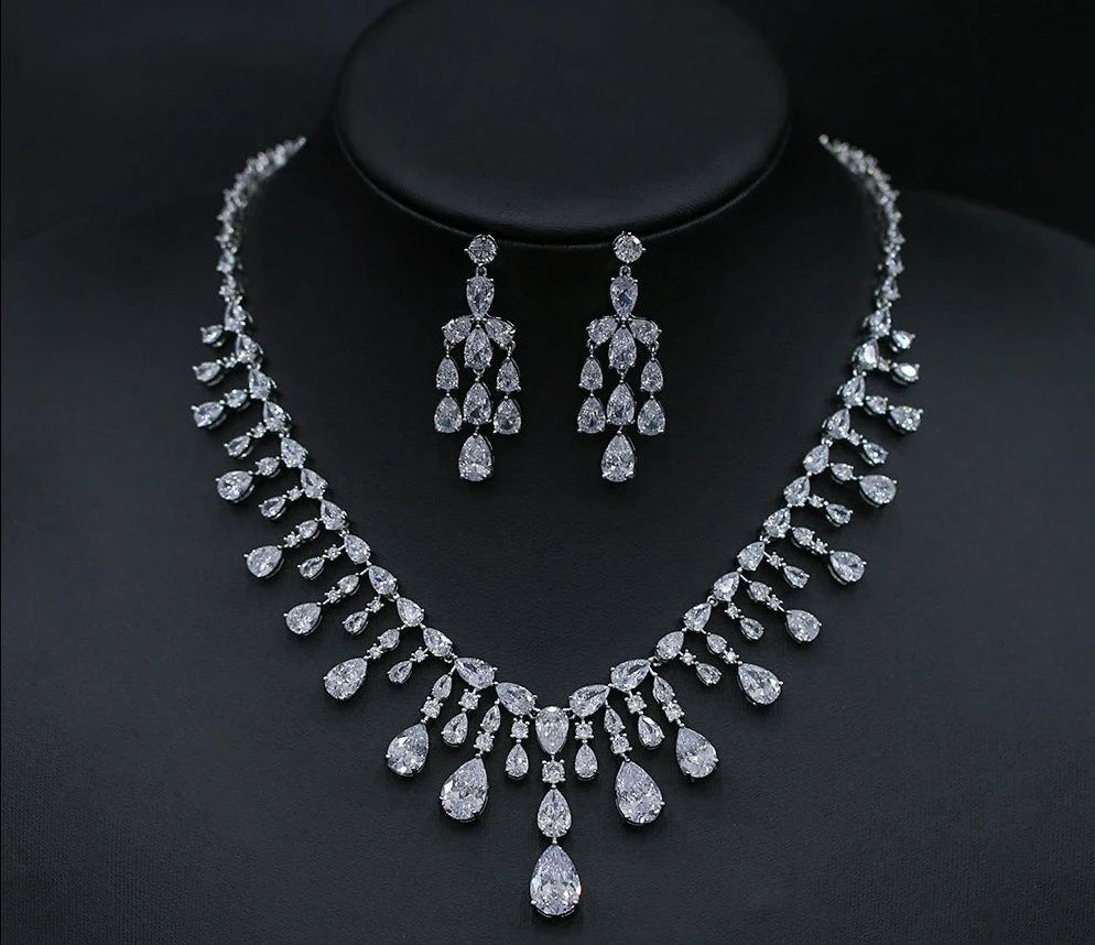 
                      
                        Silver Color Cubic Zirconia Bridal Party Wedding Necklace Earrings Jewelry Set
                      
                    