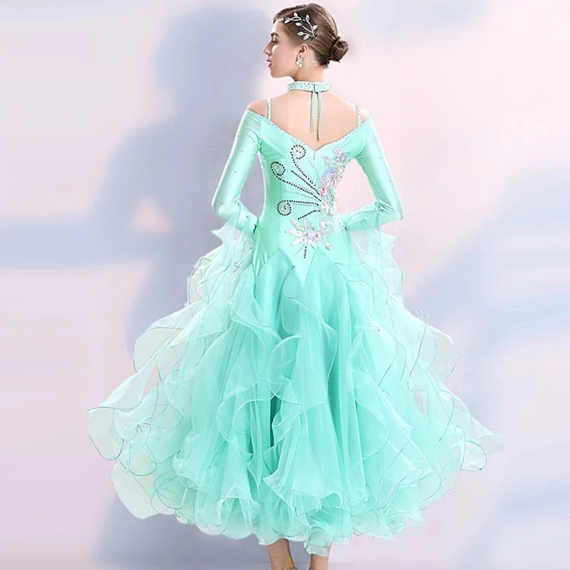 
                      
                        V Neck Fluffy Hemline Standard Ballroom Dress For Ballroom Dance Competition
                      
                    