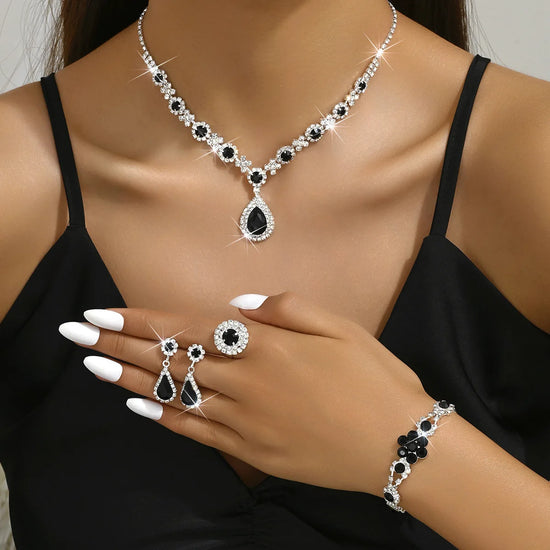 Silver Color Crystal Drop Necklace Earrings Bracelet Ring Jewelry Set