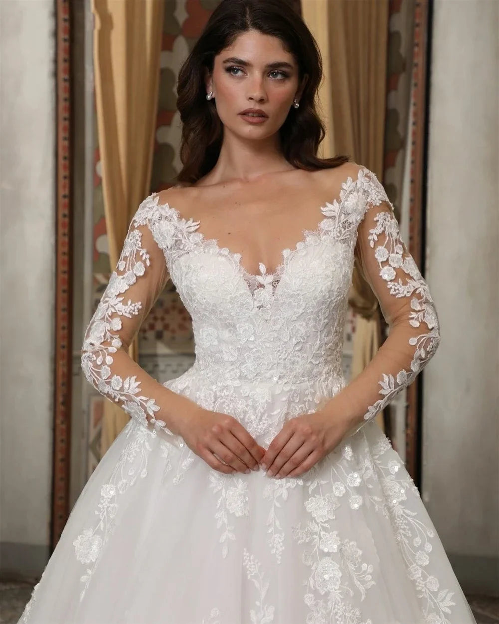 Boho Wedding Dress Tulle V-Neck A-Line Lace Pleated Bridal Gown, Walk down the aisle in effortless elegance with this stunning A-line wedding dress