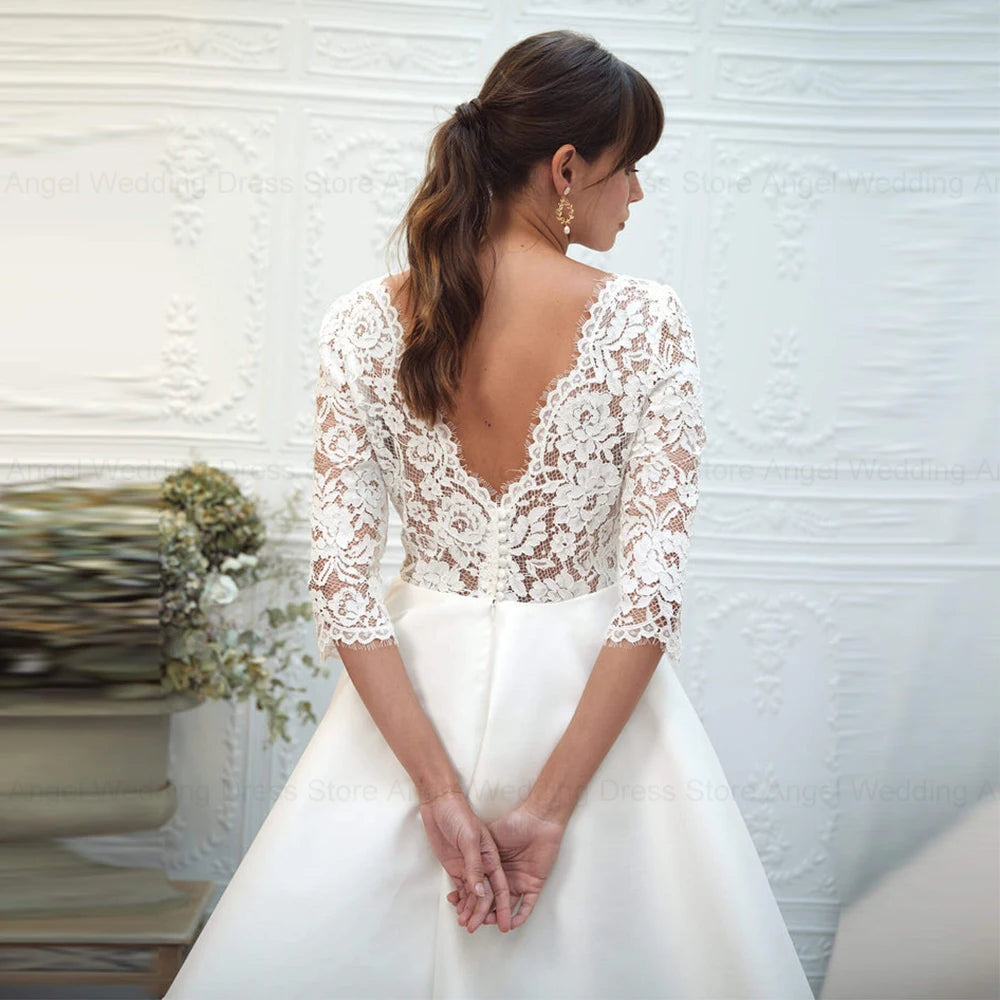 Lace Mini Wedding Dress For Women Simple Insertable Pocket Satin Short Bridal Attire