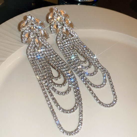 Geometric Crystal Earrings Oversize Long Tassel Rhinestone Earrings