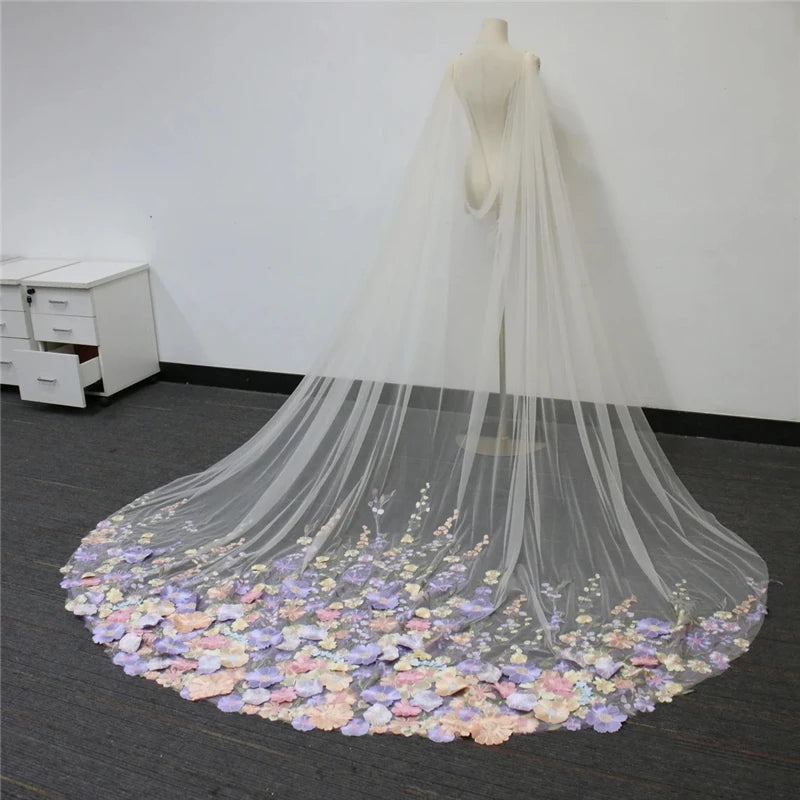 
                      
                        Colorful Floral Wedding Bridal Draped Shoulder Cape Veil Cathedral Long Lilac Purple Pink Flowers 3D Lace
                      
                    