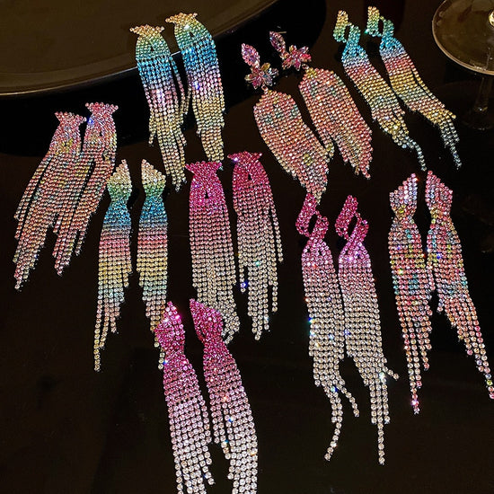 Shiny Rainbow Color Crystal Earrings for Women Long Tassel Rhinestone Dangle Earrings