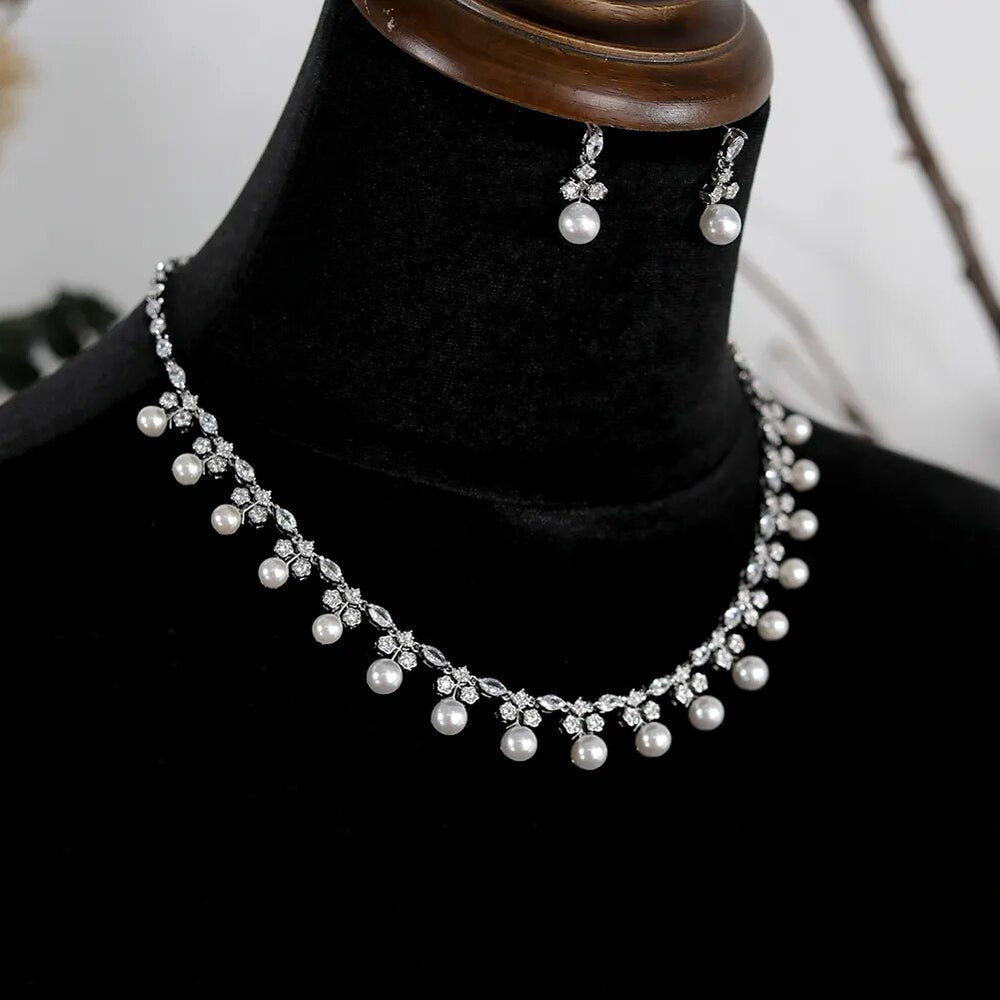 
                      
                        Gorgeous Cubic Zirconia Pearl Choker Necklace Earring Jewelry Set for Women
                      
                    