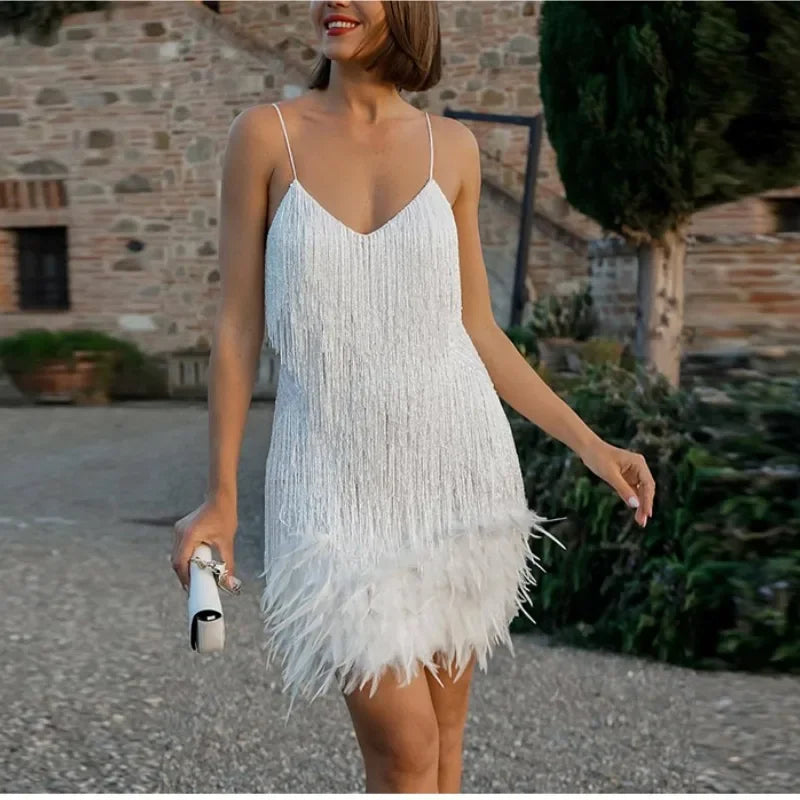 
                      
                        Tassel Sequins Feather Mini Dress Women Spaghetti Strap Party Wedding Boho Chic
                      
                    