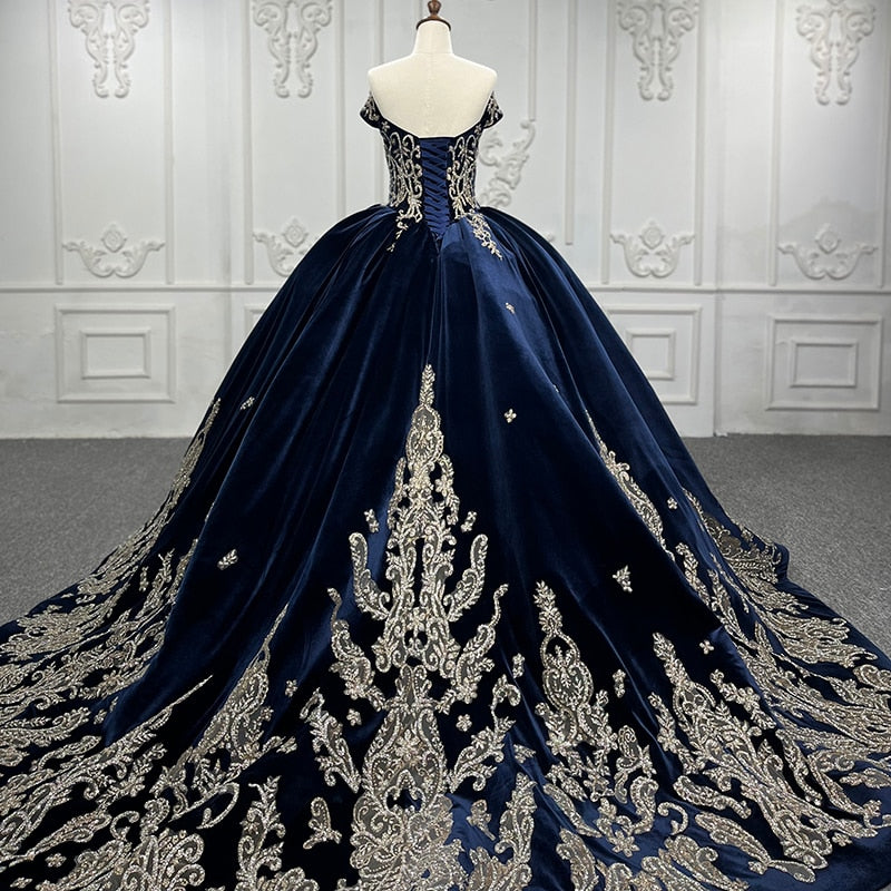 Load image into Gallery viewer, Velvet Blue Ball Gown Quinceanera Dress
