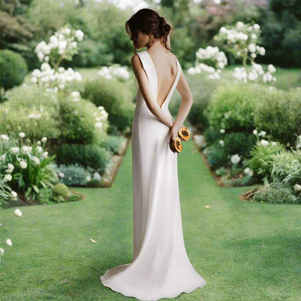 Stretchy Crepe Sheath Simple Wedding Dress Sleeveless Open Back Elegant Bridal Gown