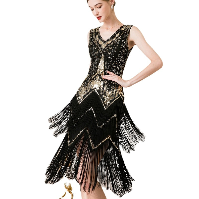 1920s Gatsby V-Neck Flapper Cocktail Dance Formal Evening Party Dress
